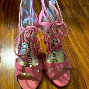 Pink suede Sam Edelman lace bow heels